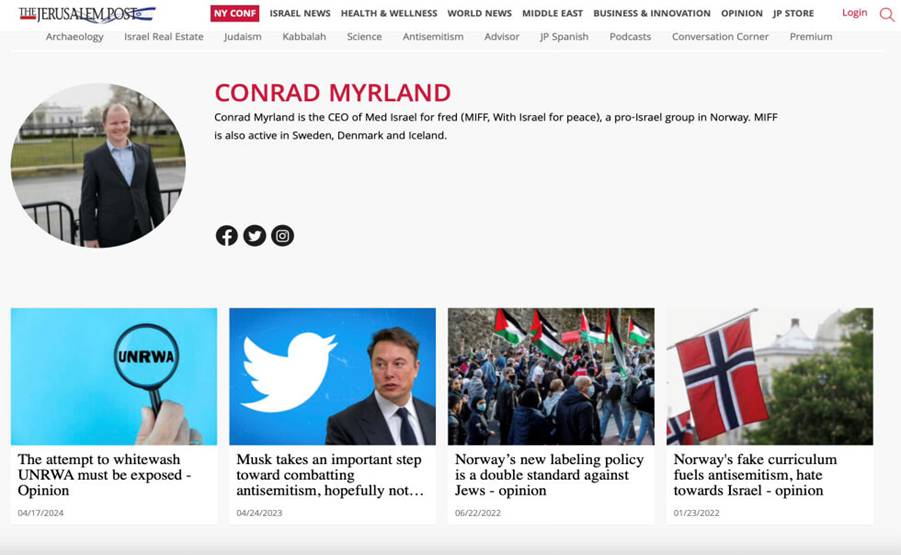 Conrad Myrland, leder av MIFF, har skrevet en rekke artikler i Jerusalem Post.
 Foto: Skjermdump: Jerusalem Post
