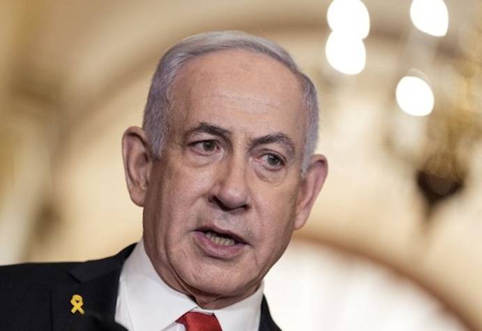 Israeli Prime Minister Benjamin Netanyahu speaks to the press at the US Capitol following his closed-door meeting with US Speaker of the House Mike Johnson, Republican from Louisiana, in Washington, DC, on February 7, 2025. (Photo by oliver contreras / AFP)