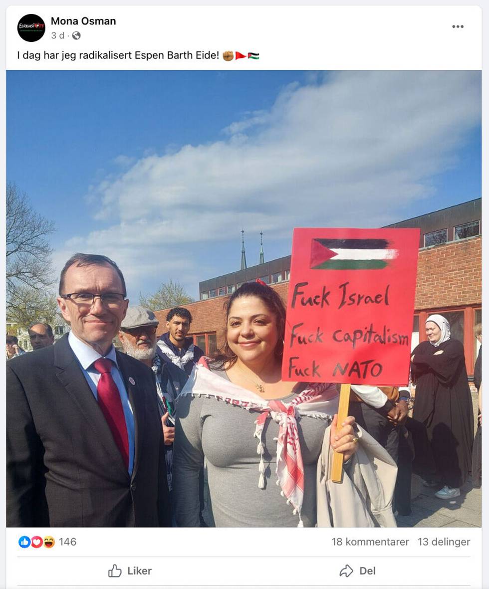 Dette bildet av utenriksminister Espen Barth Eide (Ap) sammen med Palestina-aktivisten Mona Osman vekker reaksjoner i Israel.
 Foto: Skjermdump fra Facebook / NTB