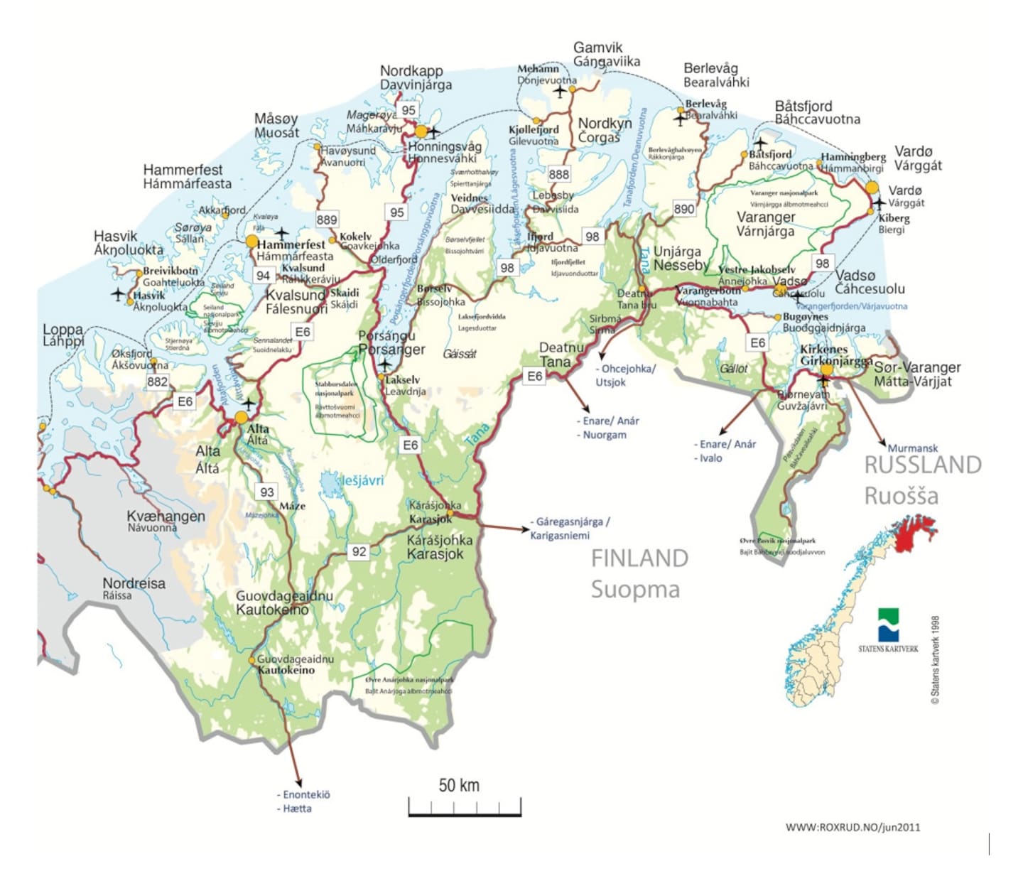 Kart over øst-finnmark, med tenkte veier fra Nesseby til Finnland i tilfelle krig/konflikt. Kartet er med i evakueringveilederen nesseby presenterte februar 2025