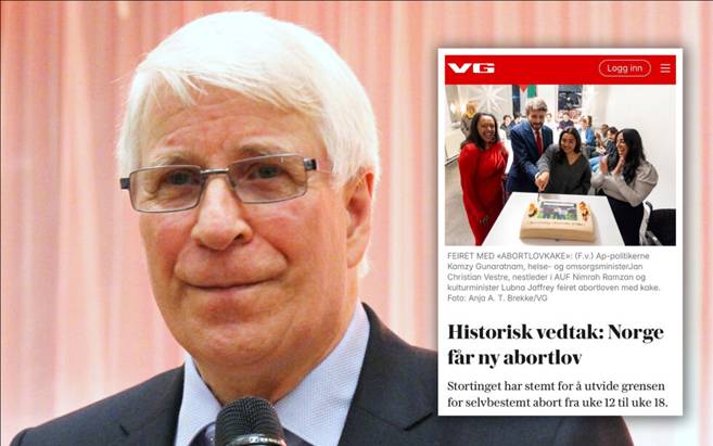 MOTBYDELIG: – Det at deler av den norske regjering, med helseminister Vestre i spissen, feiret med bløtkake da abortgrensen økte fra 12 til 18 uker (innfelt faksimile fra VG), var et motbydelig syn, sier helbredelsespredikant og forfatter av en temabok om abort, Svein-Magne Pedersen.
Foto: Norge IDAG