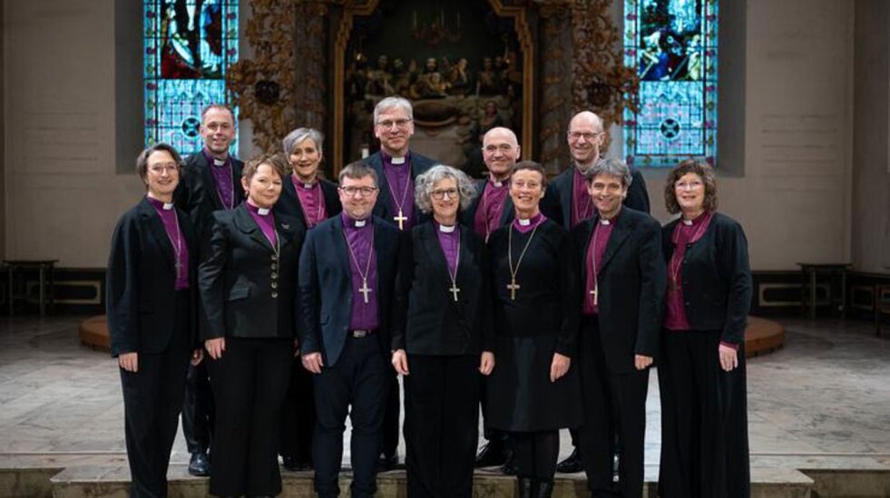 Bispekollegiet februar 2024: biskop Kari Mangrud Alvsvåg, biskop Ole Kristian Bonden, biskop Ragnhild Jepsen, biskop Herborg Finnset, biskop Svein Valle, preses Olav Fykse Tveit, biskop Kari Veiteberg, biskop Jan Otto Myrseth, biskop Anne Lise Ådnøy, biskop Olav Øygard, biskop Stein Reinertsen, biskop Ingeborg Midttømme.
Foto: Kirkerådet